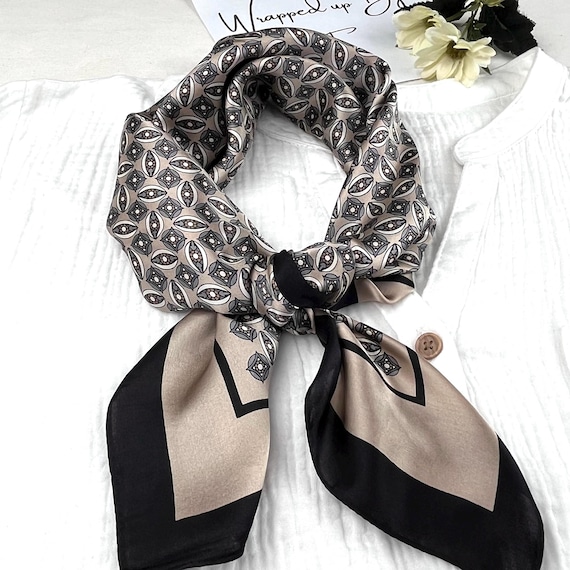 100% Mulberry Silk Square Scarf, Black Beige Pure Silk  display picture 1