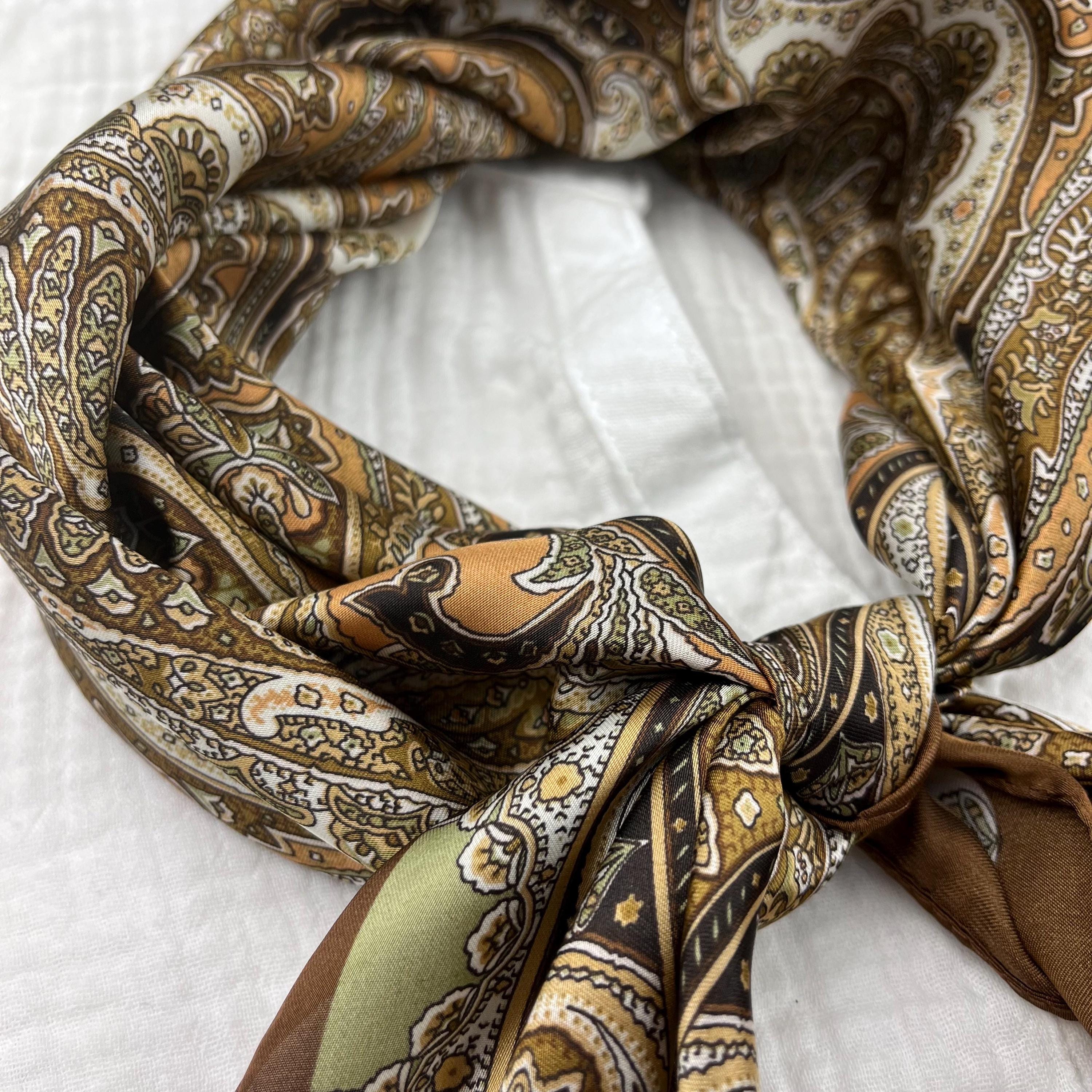 Brown Silk Square Scarf, Vintage Style, Satin Bandana, Hair Tie