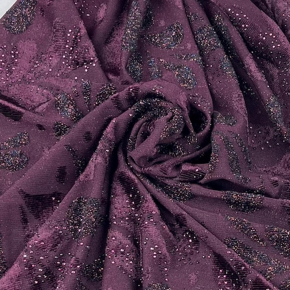 Plum burn out velvet fabric, Devore floral shimmer velvet material, by the meter