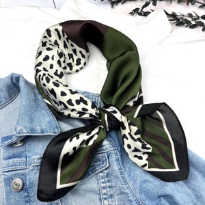 Olive green silk square scarf, satin bandana, hair tie, headscarf, head wrap, ladies scarves