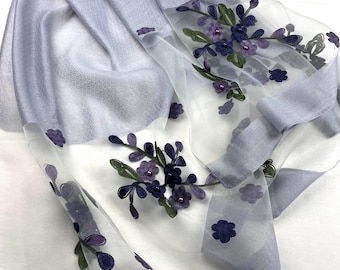 Embroidered lavender scarf, wedding wrap shawl, women’s evening scarves
