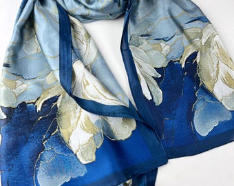 Blue water Lilly Silk Scarf, wrap, lightweight shawl, women’s scarves, birthday gift for her, 60th 70th 80th gift, all seasons