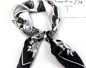 Black white silk square scarf, rose print satin bandana, hair tie, headscarf, head wrap, ladies scarves