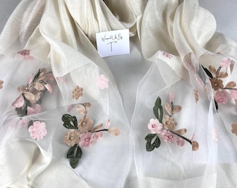 Embroidered cream ivory scarf, wedding wrap shawl, women’s ladies scarves