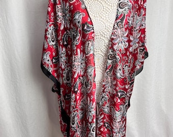 Red Paisley Silky Kimono Cardigan: Beach Cover Up, Holiday Outfit