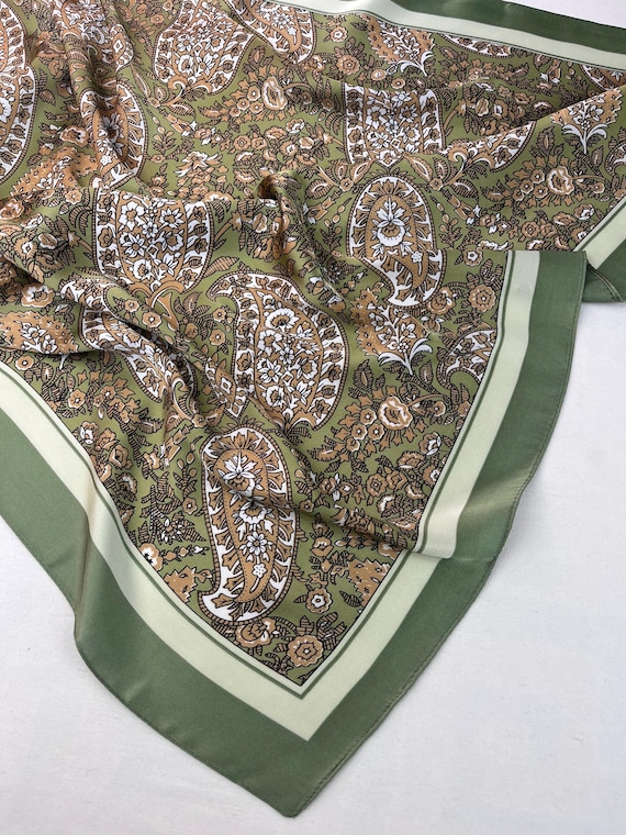 Olive Green Silk Square Scarf, Satin Bandana, Hair Tie, Headscarf