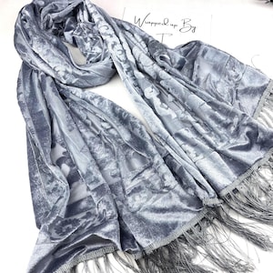 Grey silver velvet scarf, Devore burnout velvet wrap, winter warm, evening wedding shawl