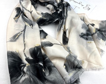 Grey Peony Floral Scarf, Gold Highlight Sketch Wrap, Cotton Viscose Shawl