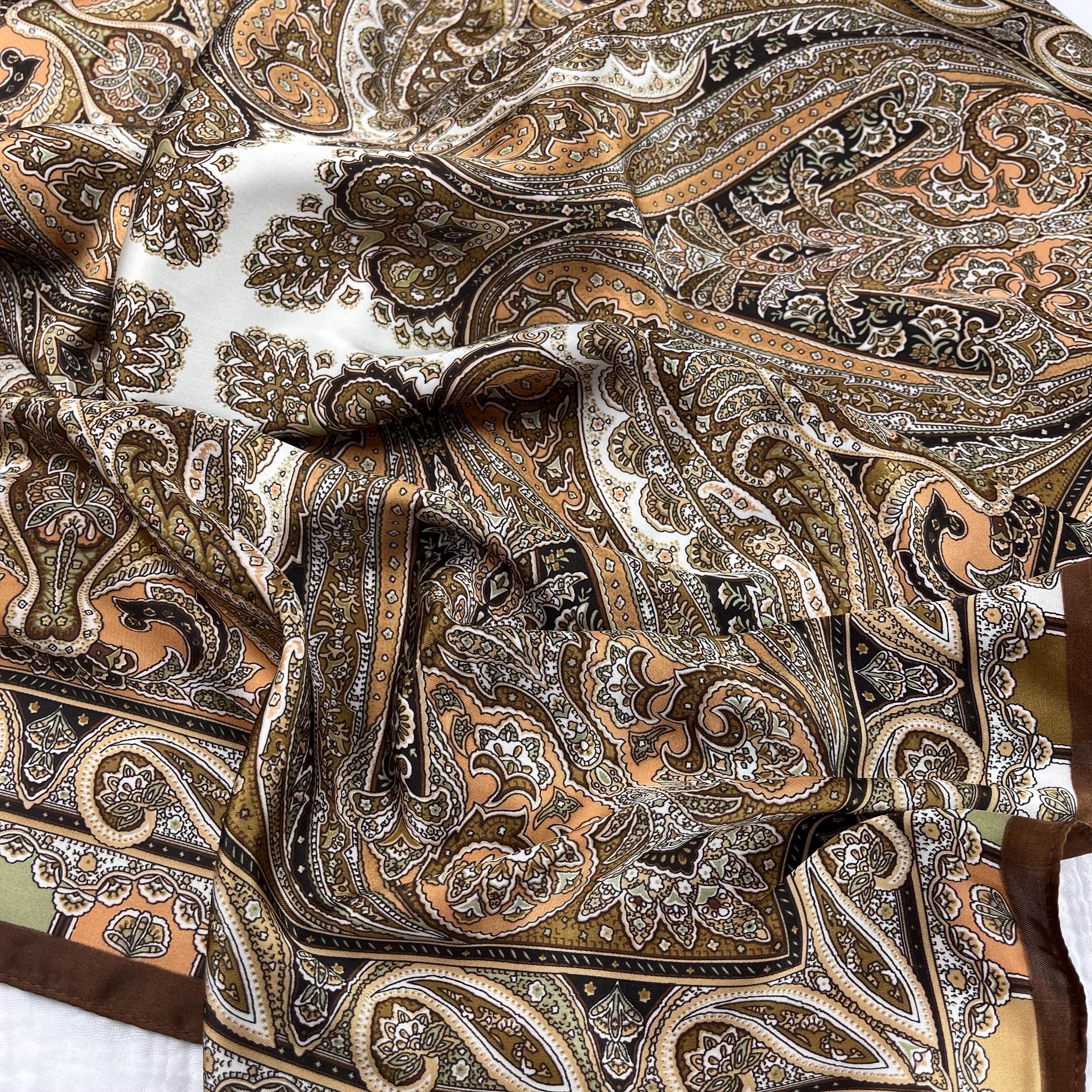 Brown Silk Square Scarf, Vintage Style, Satin Bandana, Hair Tie