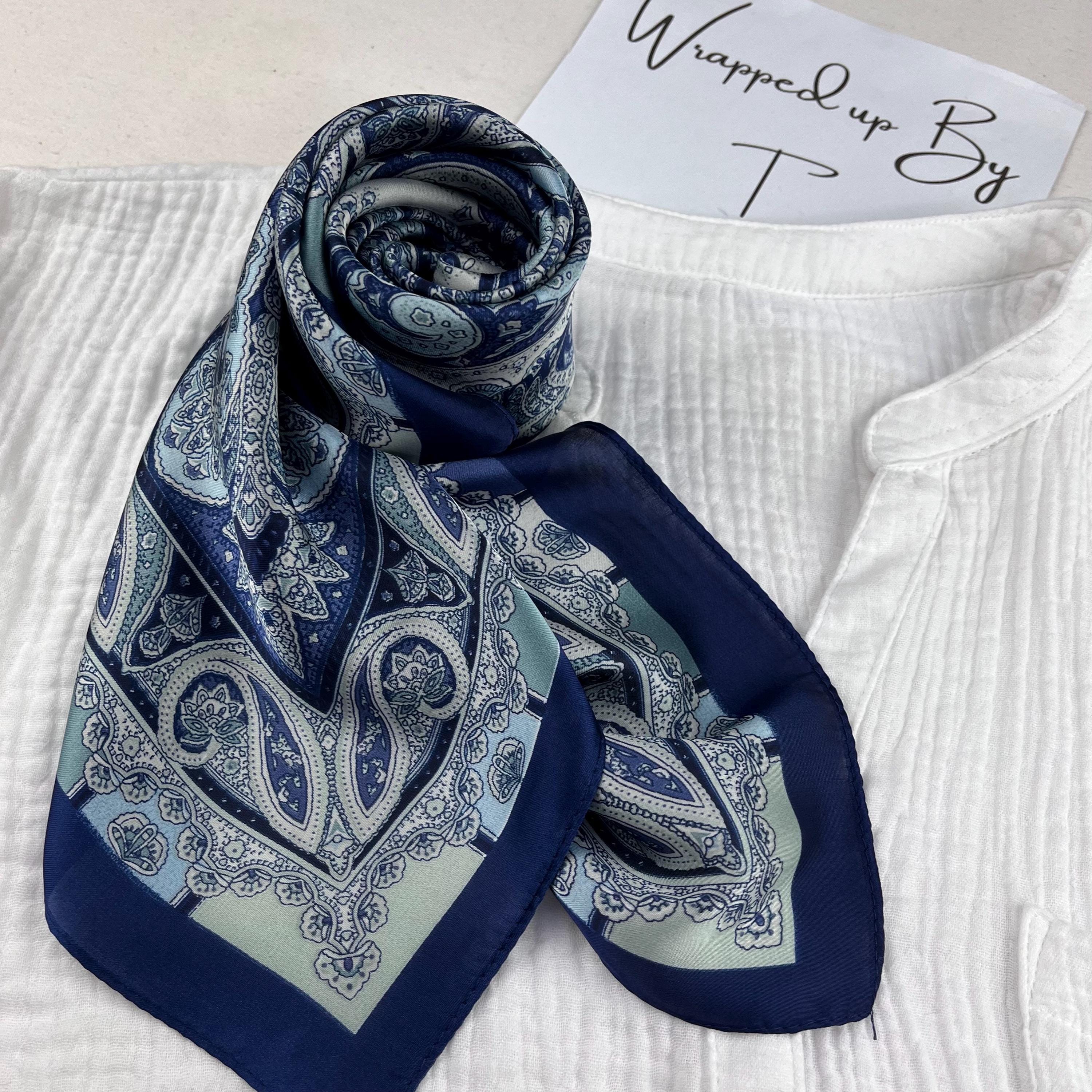 Blue Silk Square Scarf, Paisley Print Satin Bandana, Hair Tie