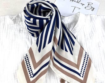 Geometric silk square scarf, satin bandana, hair tie, headscarf, head wrap, ladies scarves, neckerchief, neck scarf