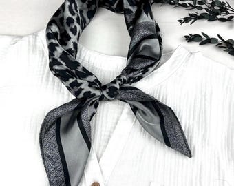 Grey leopard print silk square scarf, satin bandana, hair tie, headscarf, head wrap, ladies scarves