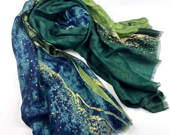 Green blue Scarf with metallic Gold Highlights, all seasons cotton wrap shawl