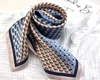 Mulberry Silk Scarf, Blue Brown Geometric Neckerchief, Head Wrap