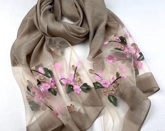 Embroidered natural brown scarf, wedding wrap shawl, women’s ladies scarves