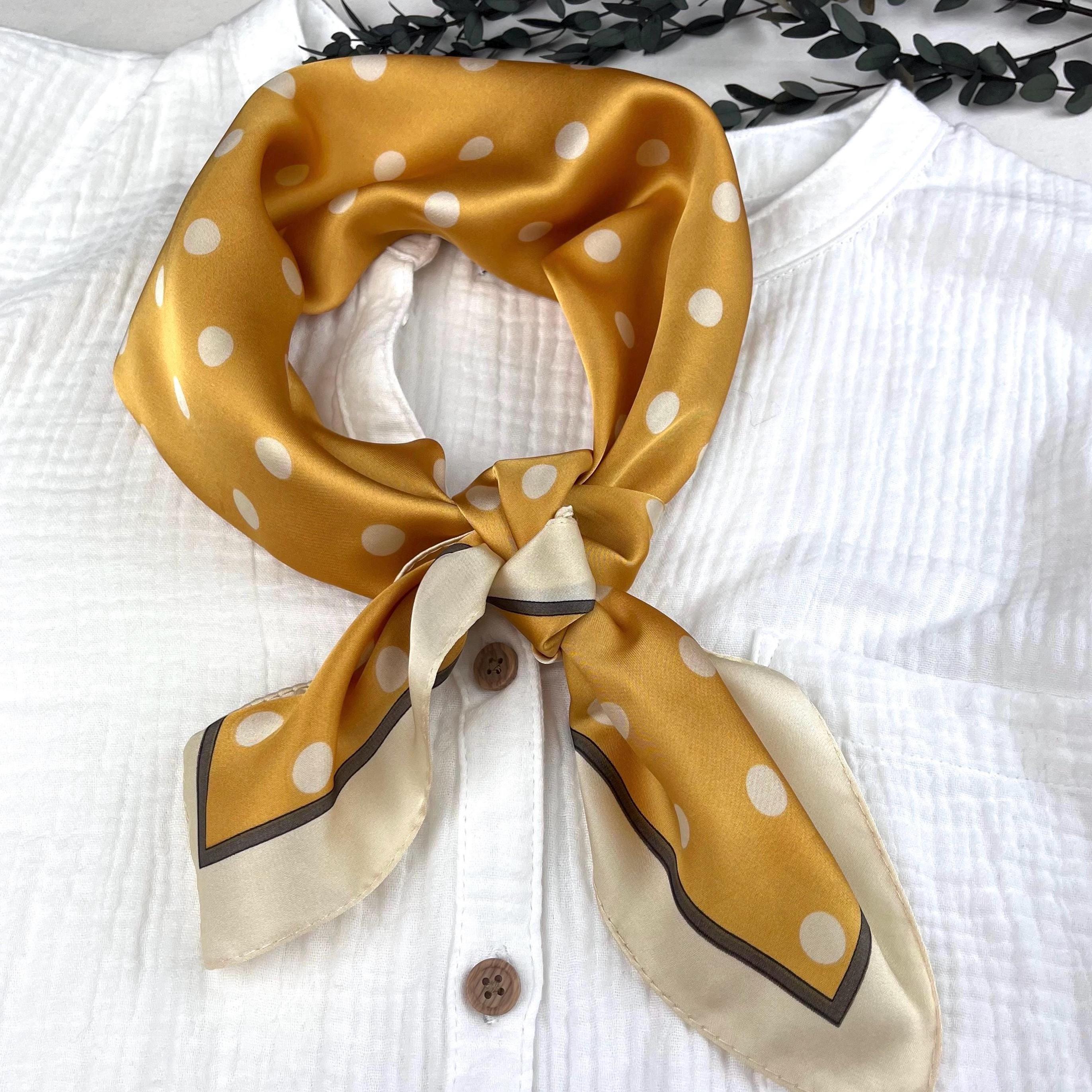 Yellow Polka Dot Silk Square Scarf, Satin Bandana, Hair Tie 