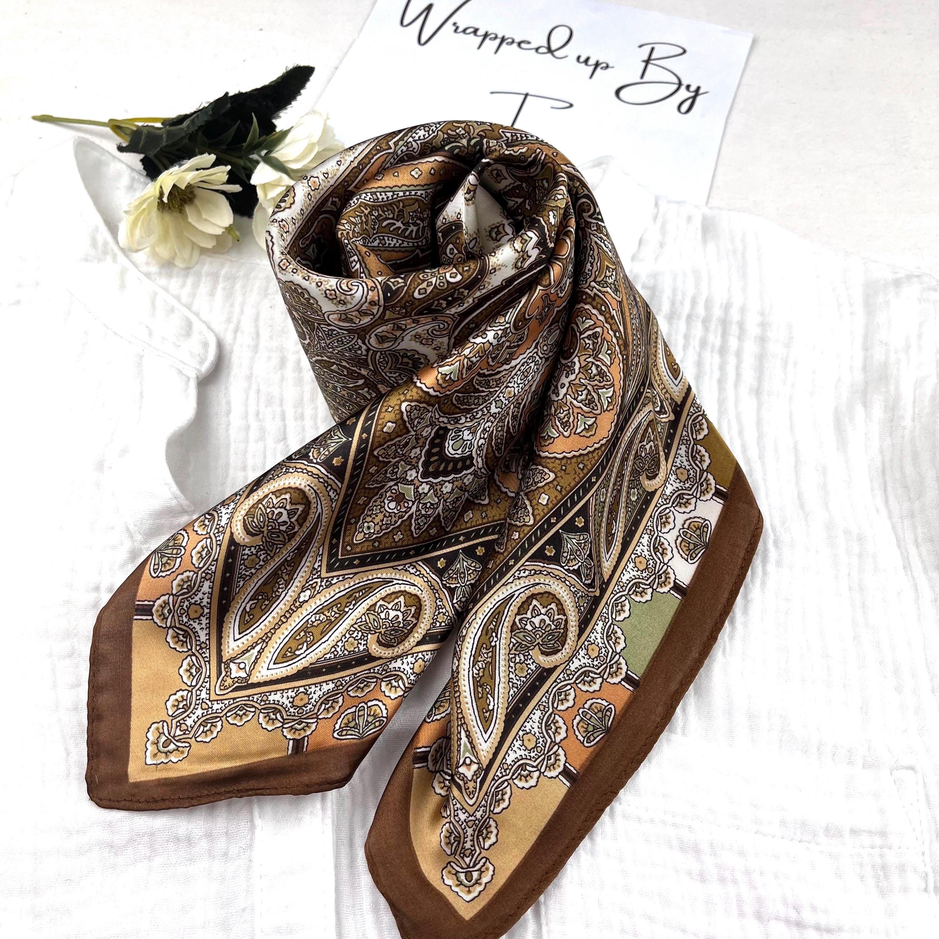 Brown Silk Square Scarf, Vintage Style, Satin Bandana, Hair Tie