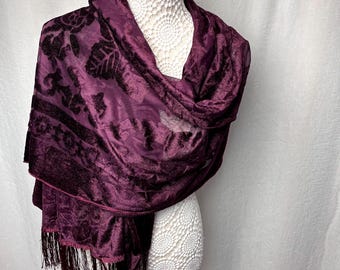 Plum velvet scarf, devore burnout velvet wrap, winter warm, evening wedding shawl
