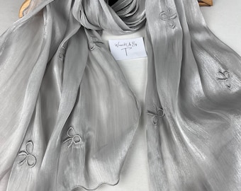 Silver Shimmer Party Scarf: Floral Embroidered Wedding Shawl