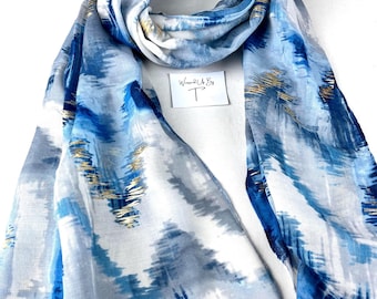 Blue Scarf, Abstract Print Viscose Cotton, Gold Accents, Beach Sarong Wrap (185x85cm)