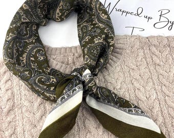 Olive green wool feel square scarf, hair tie, headscarf, head wrap, ladies scarves