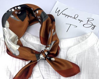 Mulberry Silk Scarf, Orange  Floral Neckerchief, Hair Wrap