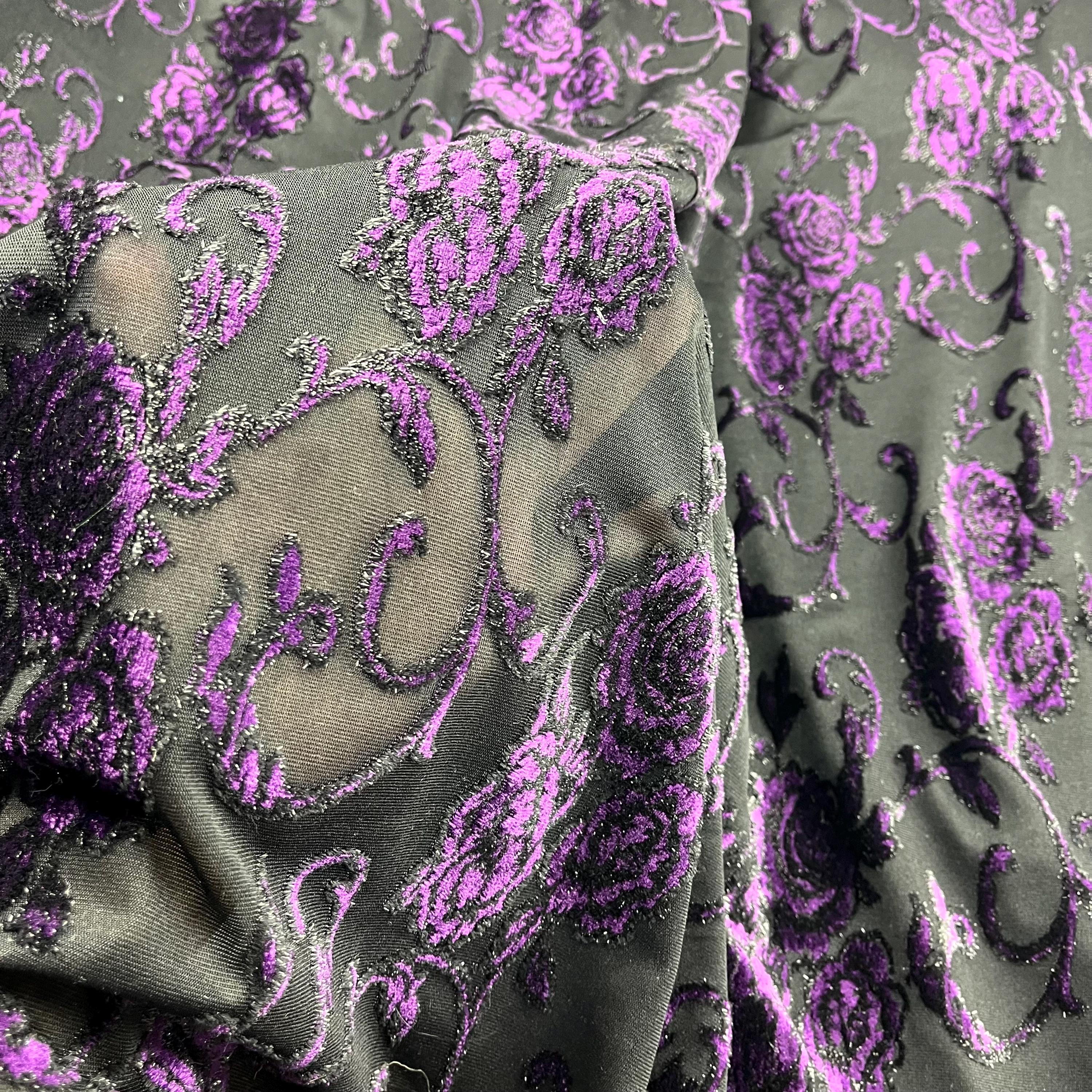 Black & Purple Floral Burnout Velvet Fabric: Shimmer Devore Material - Etsy