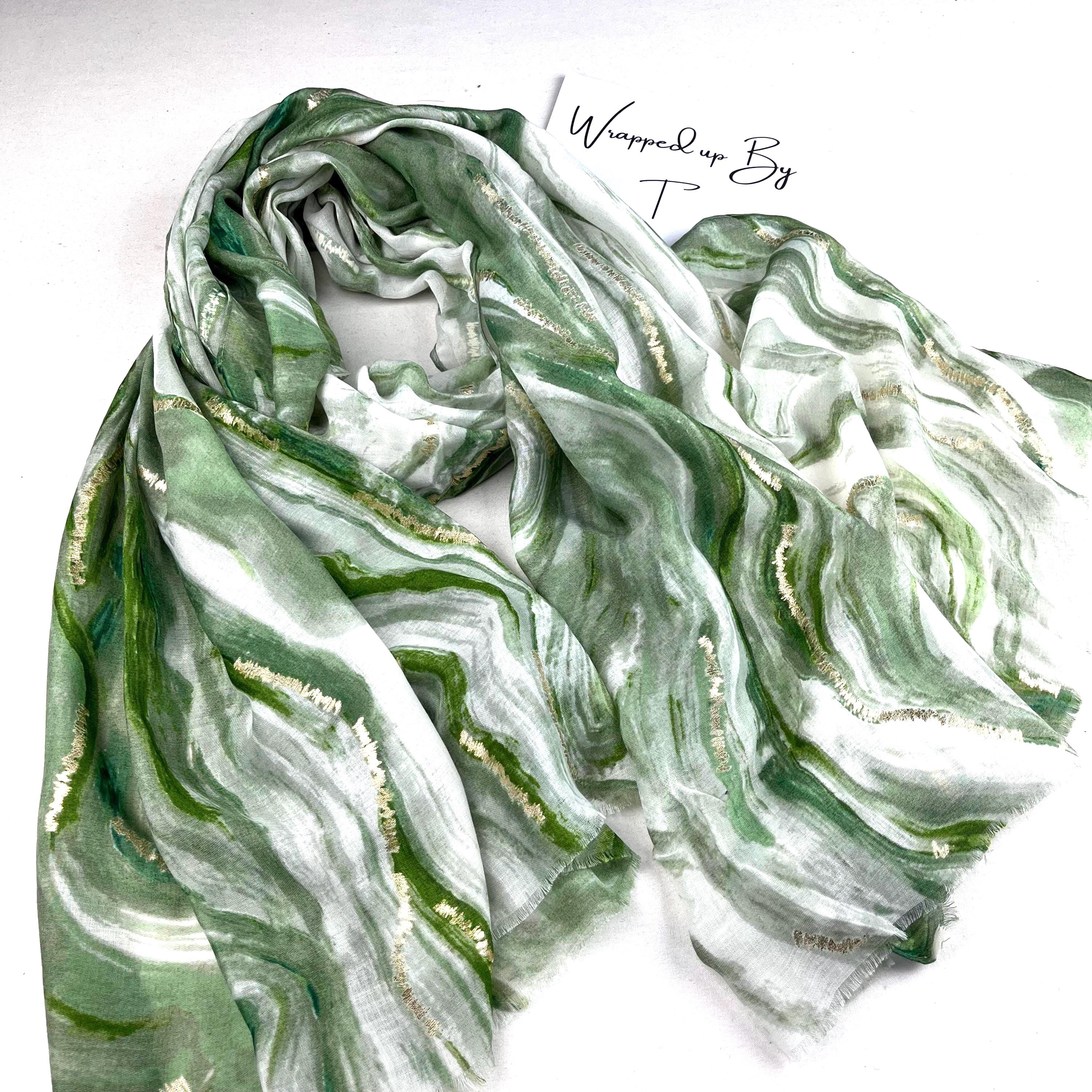 Green Marble Scarf, Metallic Gold Detail, Cotton Viscose Shawl