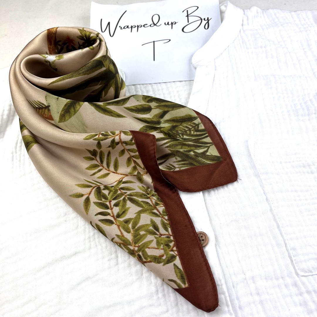 Beige Brown Silk Square Scarf, Olive Green Leaf Print Satin  display picture 2