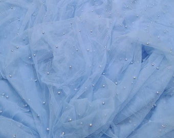 Blue pearl beaded tulle fabric, soft veil material, 60 inch wide, wedding dress, tutu, scarf