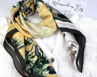 Yellow square scarf, faux twill silk bandana, hair wrap, headscarf, head wrap, ladies scarves, 90x90 cm