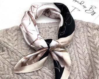 Black beige silk square scarf, vintage style sketch flower print, satin bandana, hair tie, headscarf, head wrap, ladies scarves