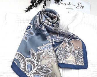 Blue paisley Silk Square Scarf, satin bandana, neckerchief, ponytail scarf, headscarf
