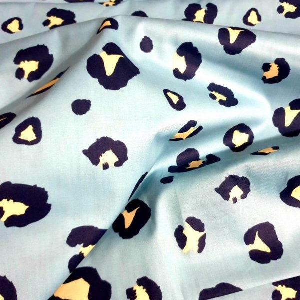 Blue leopard print cotton fabric, 60" wide, by the metre