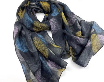 Grey scarf, leaf print, lightweight cotton wrap shawl
