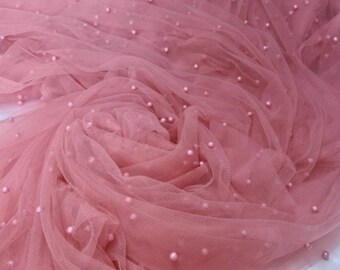 Dusky pink pearl beaded tulle fabric, soft veil material, 60 inch wide, wedding dress, tutu, scarf