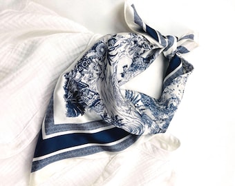 vintage style silk square scarf, navy and white bandana, hair wrap, headscarf, head wrap