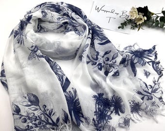 White scarf, navy floral detail, cotton wrap shawl, gift for her