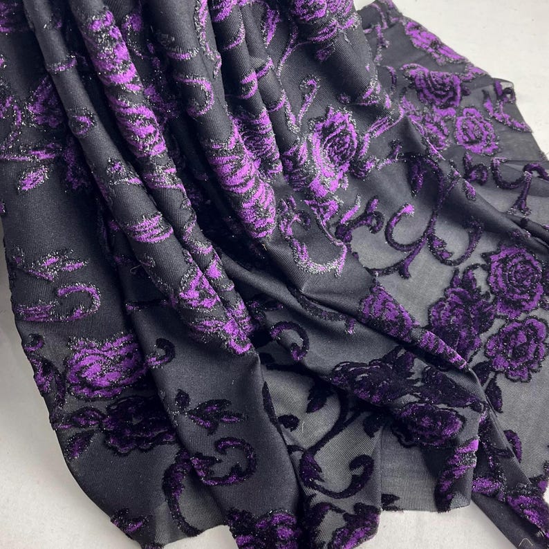 Black & Purple Floral Burnout Velvet Fabric: Shimmer Devore Material - Etsy