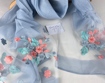 Embroidered blue scarf, wedding wrap shawl, womens ladies scarves