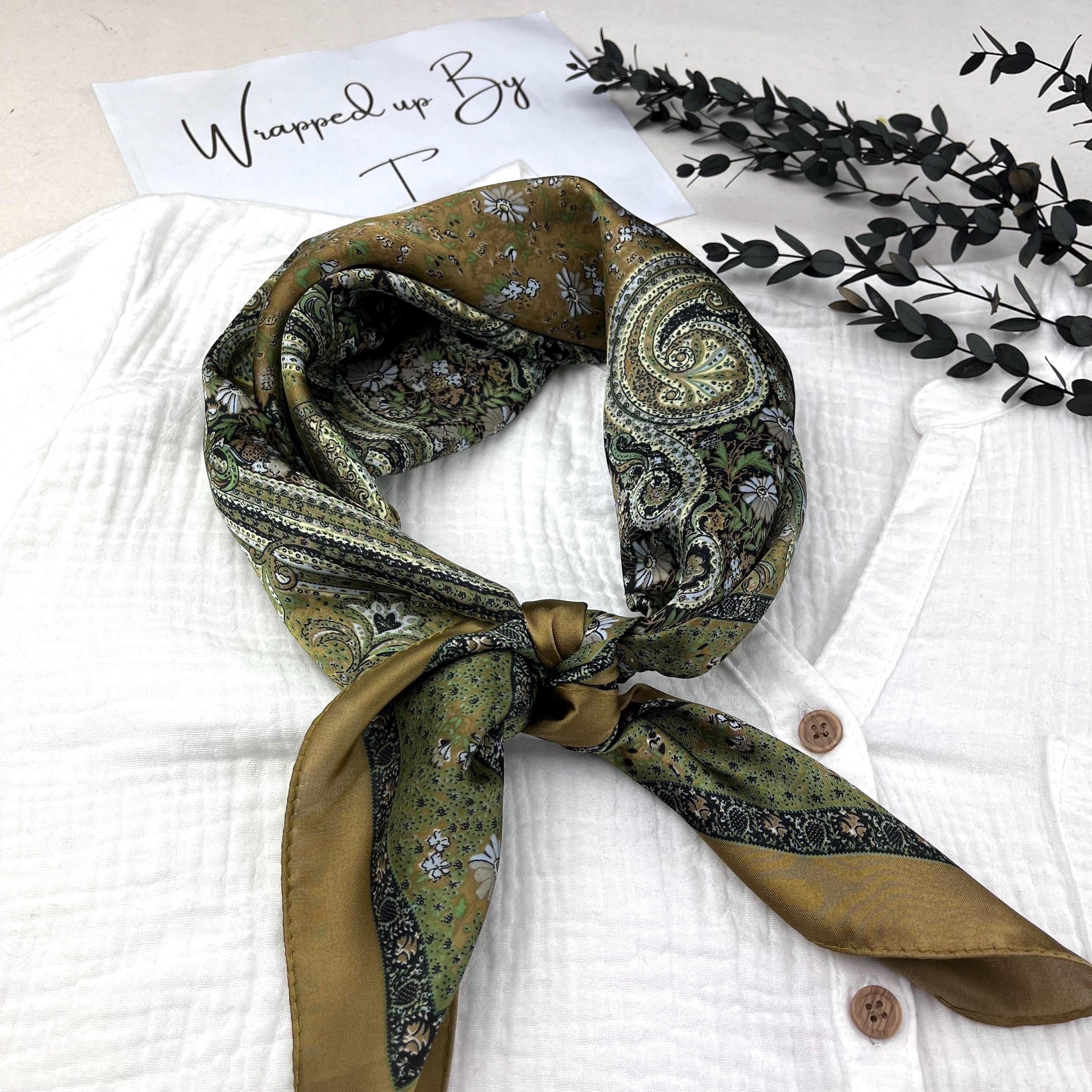 Olive Green Silk Square Scarf, Vintage Style, Satin Bandana, Hair