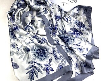 Silver blue silk scarf, ladies satin wrap shawl skirt sarong, personalised gift for women, headscarf, women’s scarves