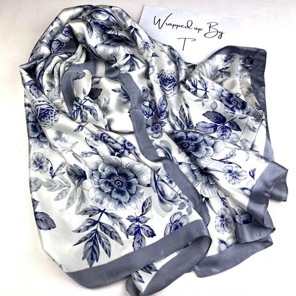 Silver blue silk scarf, ladies satin wrap shawl skirt sarong, personalised gift for women, headscarf, women’s scarves