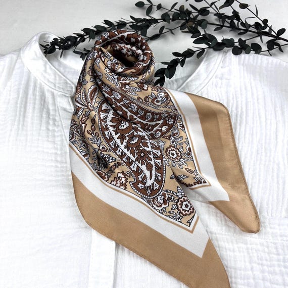 Beige Brown Silk Square Scarf, Satin Bandana, Hair Tie, Headscarf