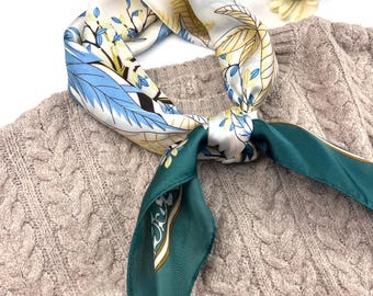 Silk square scarf, teal green border satin bandana, leaf print neckerchief