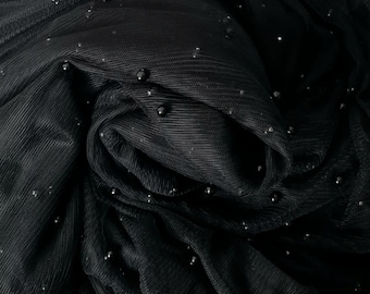Black pearl beaded tulle fabric, soft veil material, 60 inch wide, wedding dress, tutu, scarf