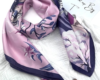 Pink and Purple square scarf, faux twill silk bandana, hair wrap, headscarf, head wrap, ladies scarves, 90x90 cm