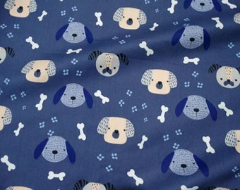 Blue dog cotton fabric, 60" wide, by the metre