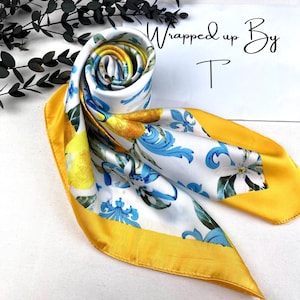 Lemon Print Silk Scarf, Yellow and Blue Satin Bandana - Etsy display picture 2