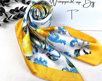 Lemon print silk scarf, yellow and blue satin bandana